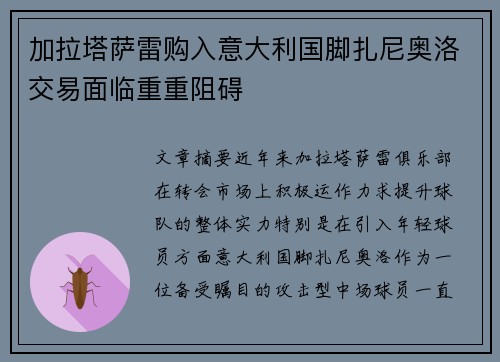 加拉塔萨雷购入意大利国脚扎尼奥洛交易面临重重阻碍