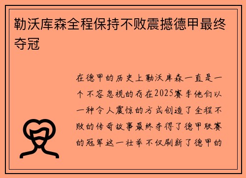 勒沃库森全程保持不败震撼德甲最终夺冠